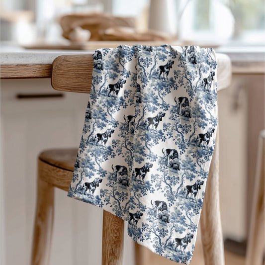 Bloodhound blue toile tea towel displayed in a kitchen