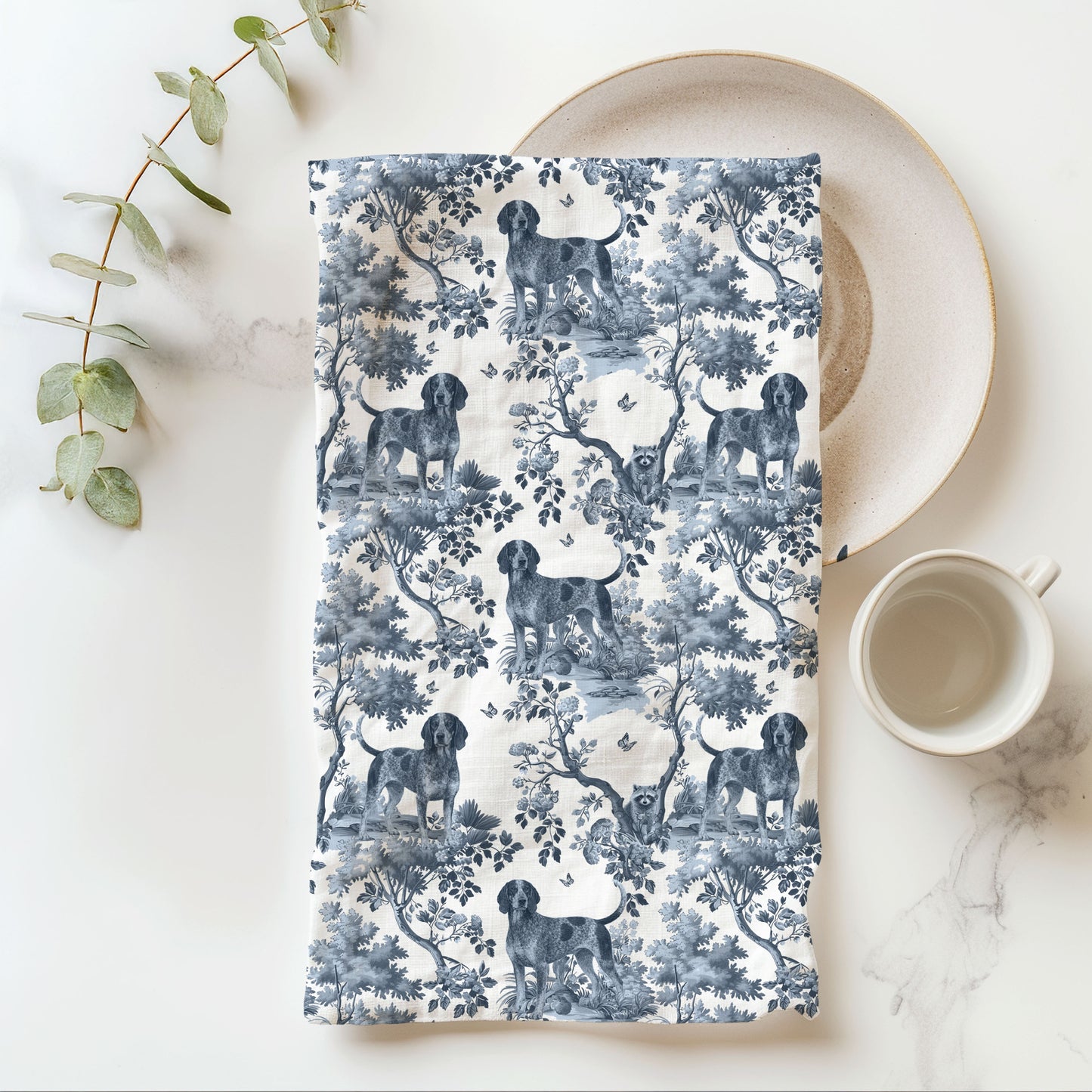 Bluetick Coonhound Cotton Tea Towels - Toile Pattern