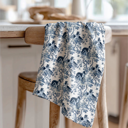 Borzoi blue toile tea towel displayed in a kitchen