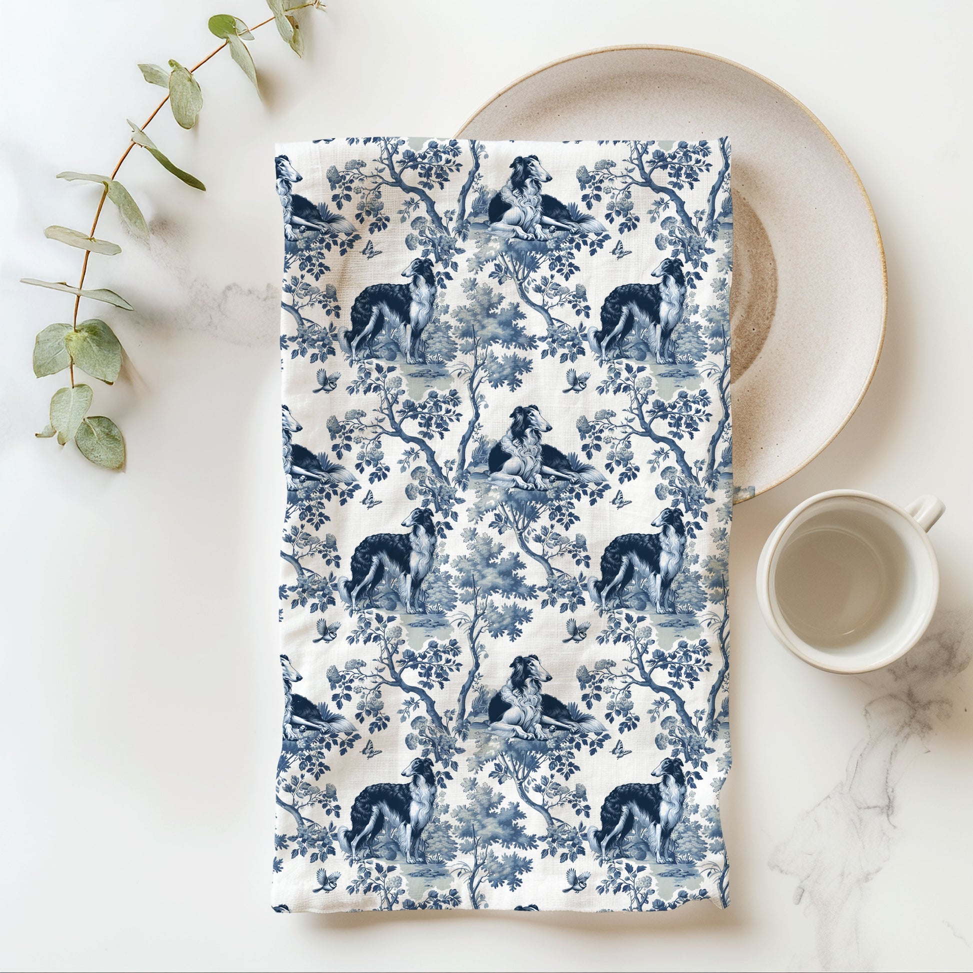 Borzoi blue toile cotton tea towel