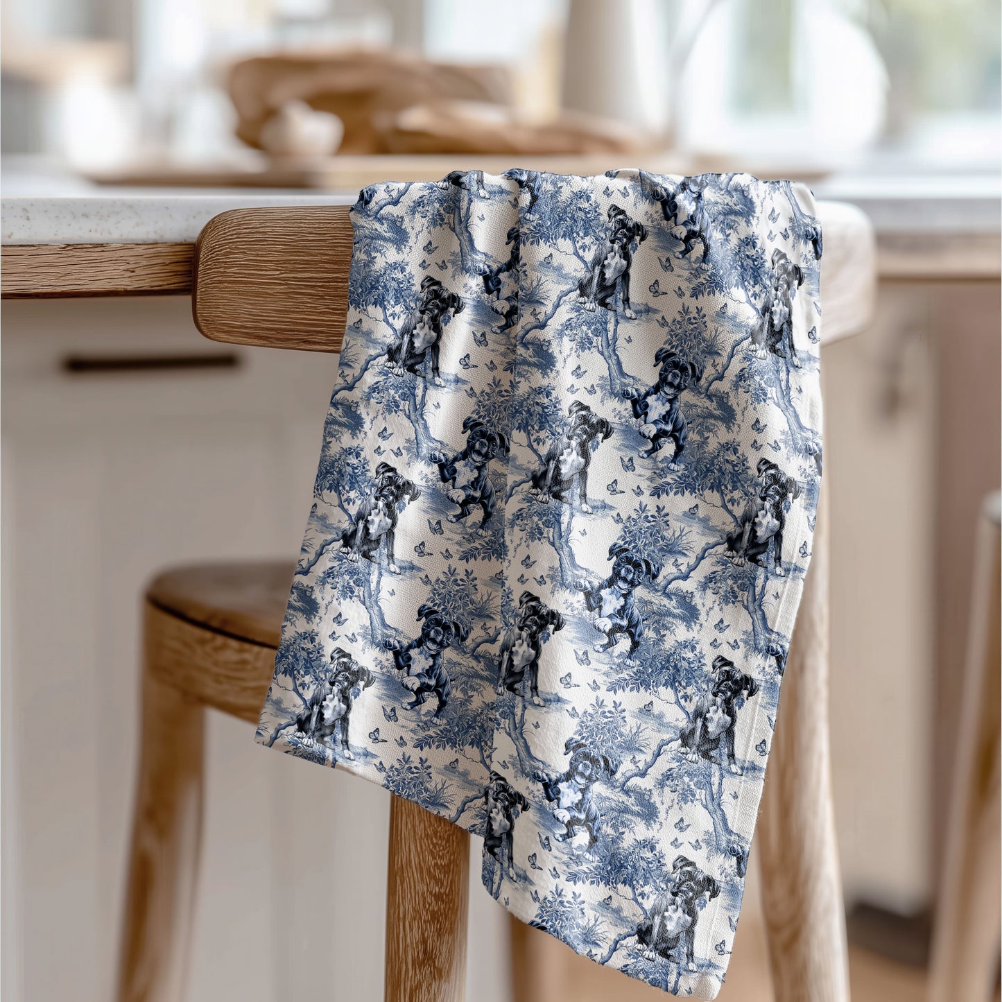 Boxer (Drop Ear) blue toile tea towel displayed in a kitchen