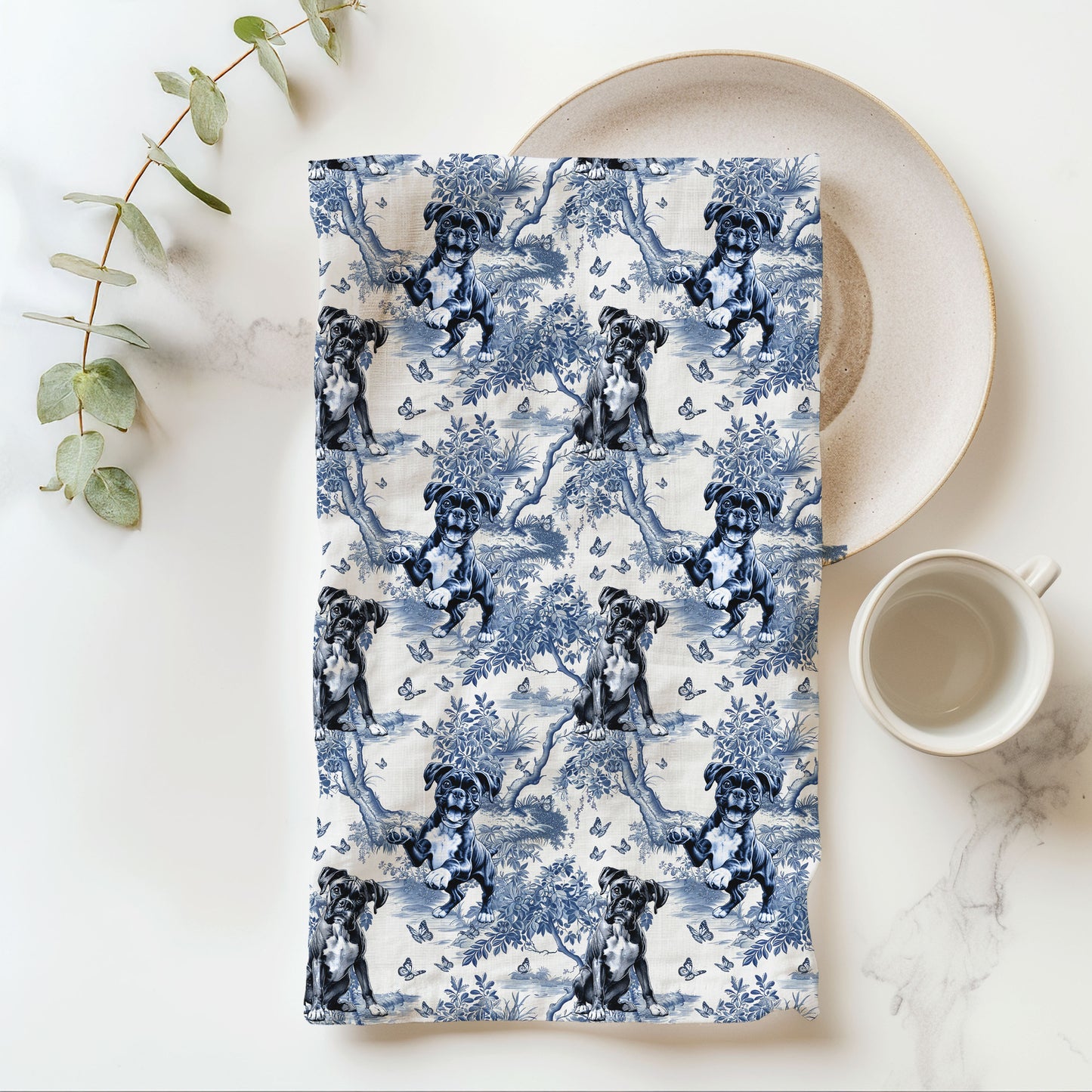 Boxer (Drop Ear) blue toile cotton tea towel