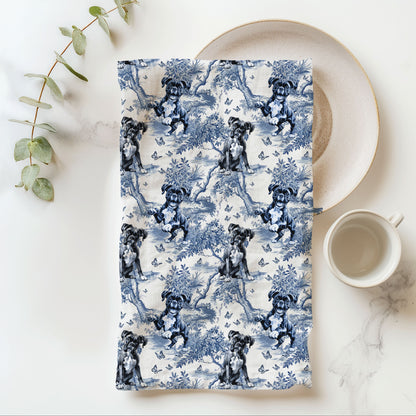 Boxer (Drop Ear) blue toile cotton tea towel