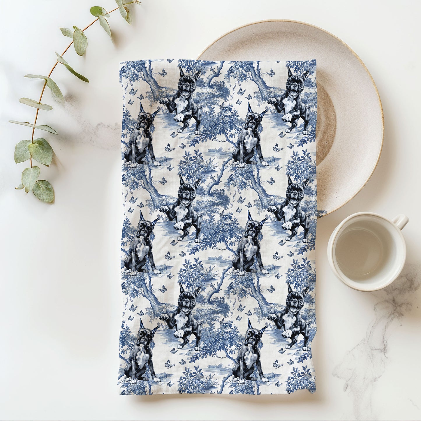 Boxer blue toile cotton tea towel