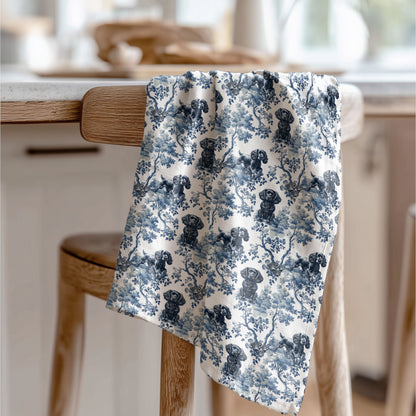 Boykin Spaniel blue toile tea towel displayed in a kitchen