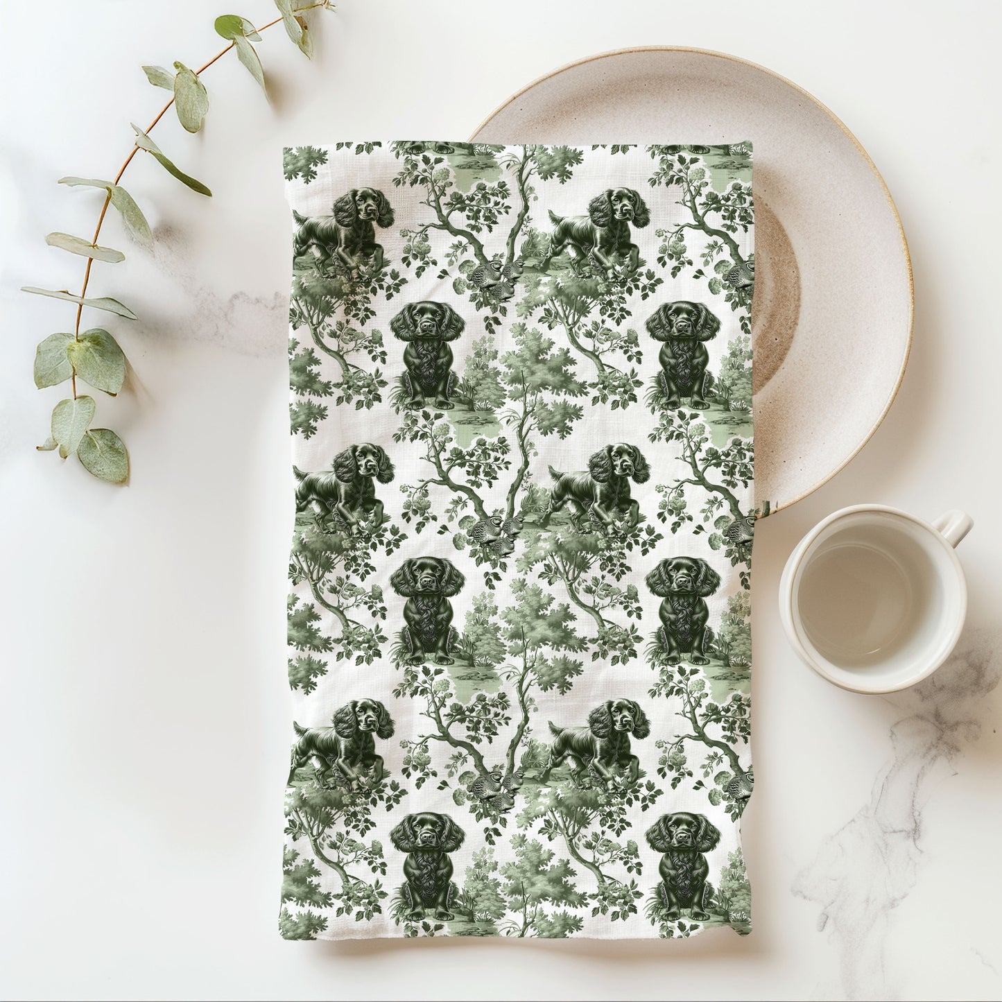 Boykin Spaniel Cotton Tea Towels - Sage Green Toile Pattern