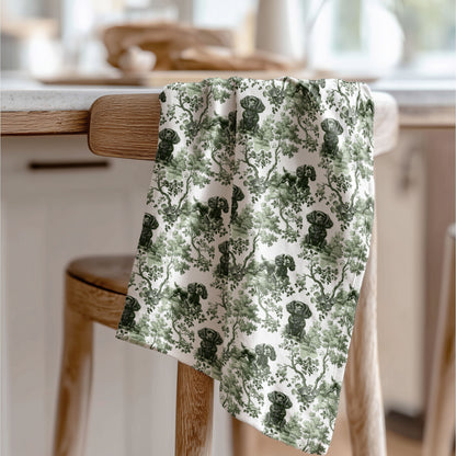 Boykin Spaniel Cotton Tea Towels - Sage Green Toile Pattern