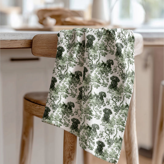 Boykin Spaniel Cotton Tea Towels - Sage Green Toile Pattern
