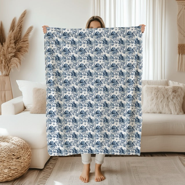 Blue toile British Shorthair Cat throw blanket, 60 by 80 inches held up