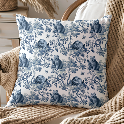 British Shorthair Cat blue toile throw pillow cover displayed on a beige knit blanket