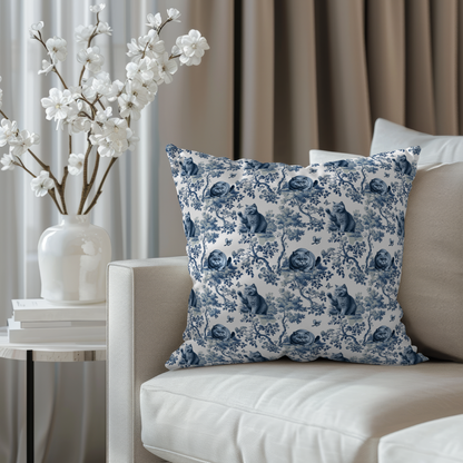 British Shorthair Cat blue toile throw pillow cover styled on a gray couch