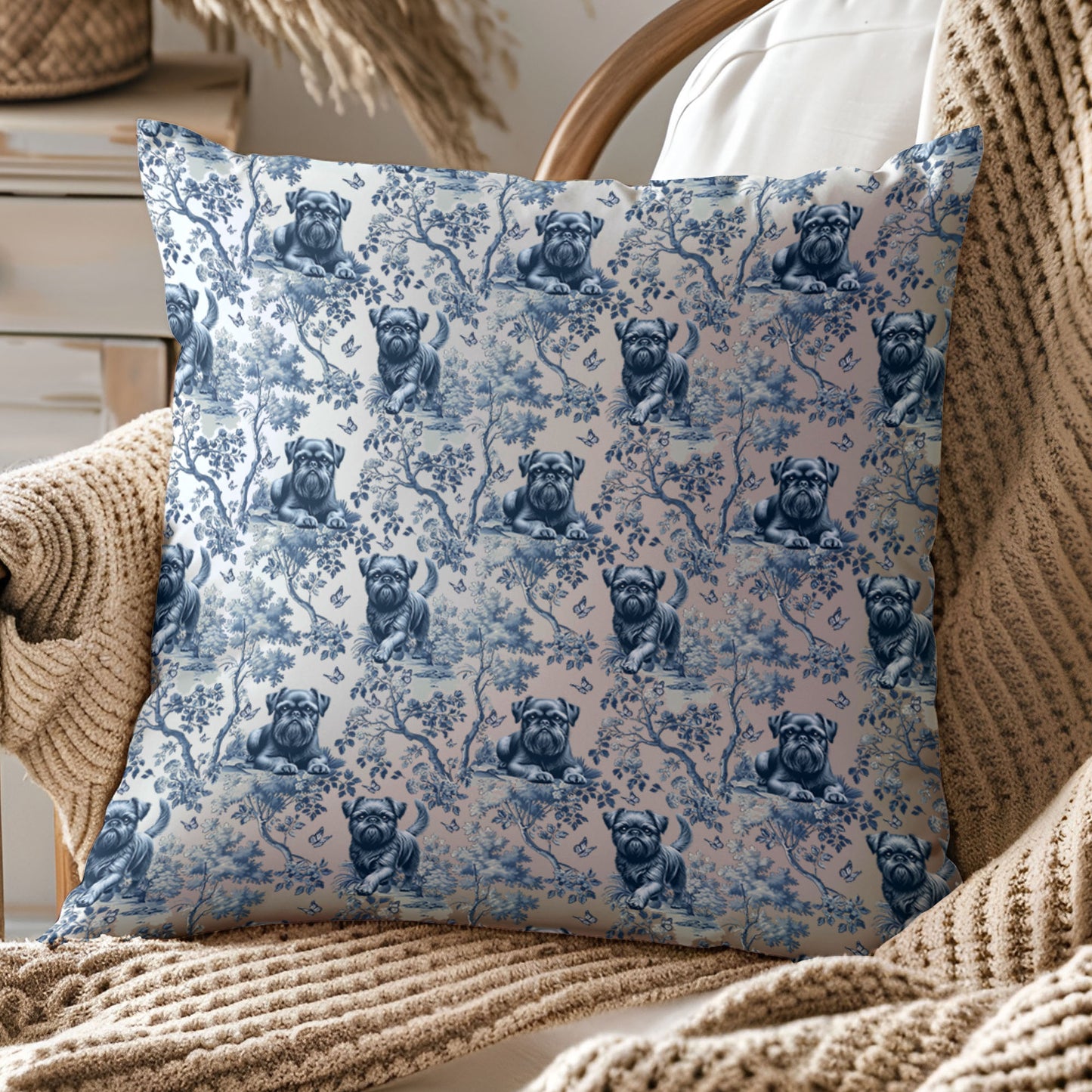 Brussels Griffon Pillow Cover - Blue Toile Pattern