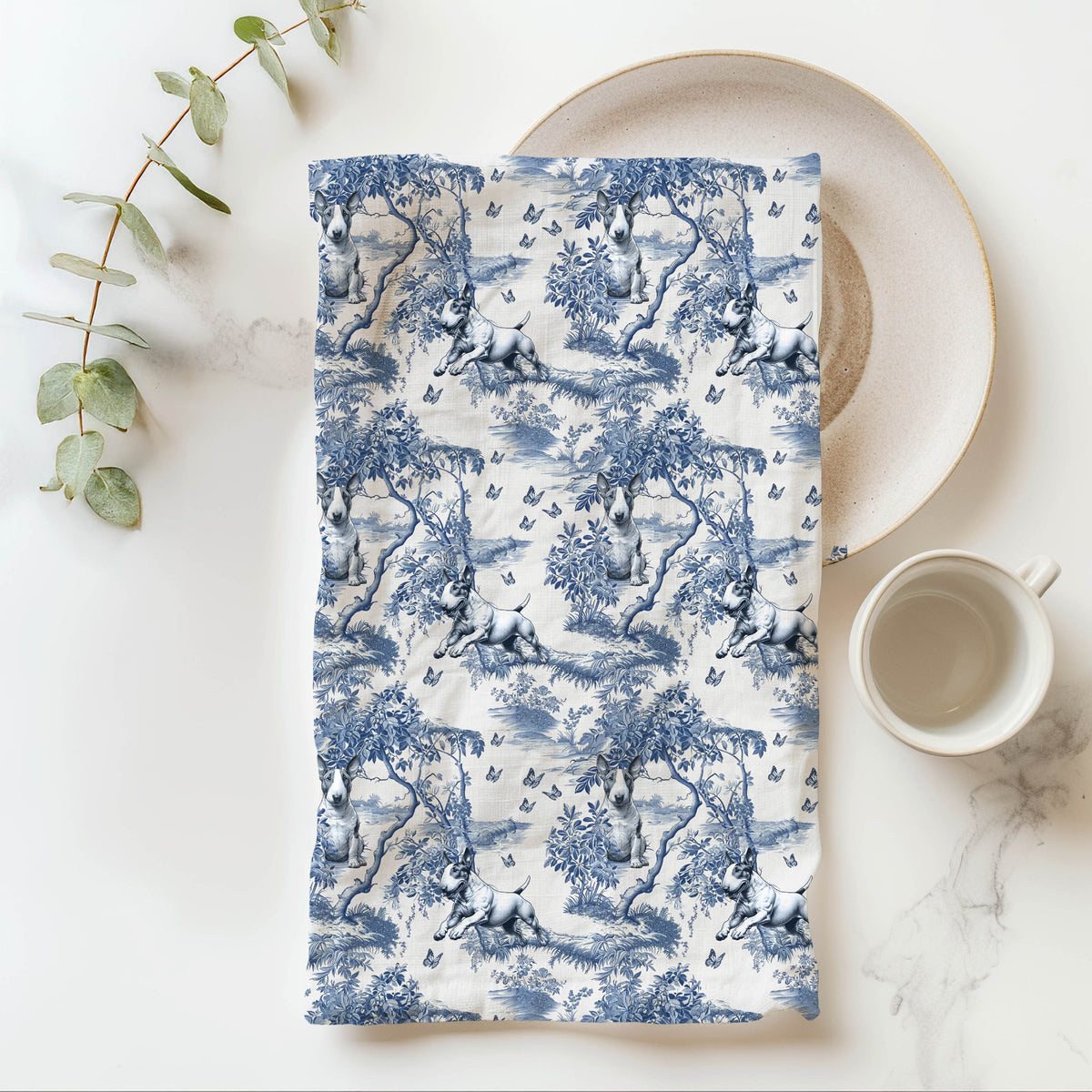 Bull Terrier Garden Toile tea towel
