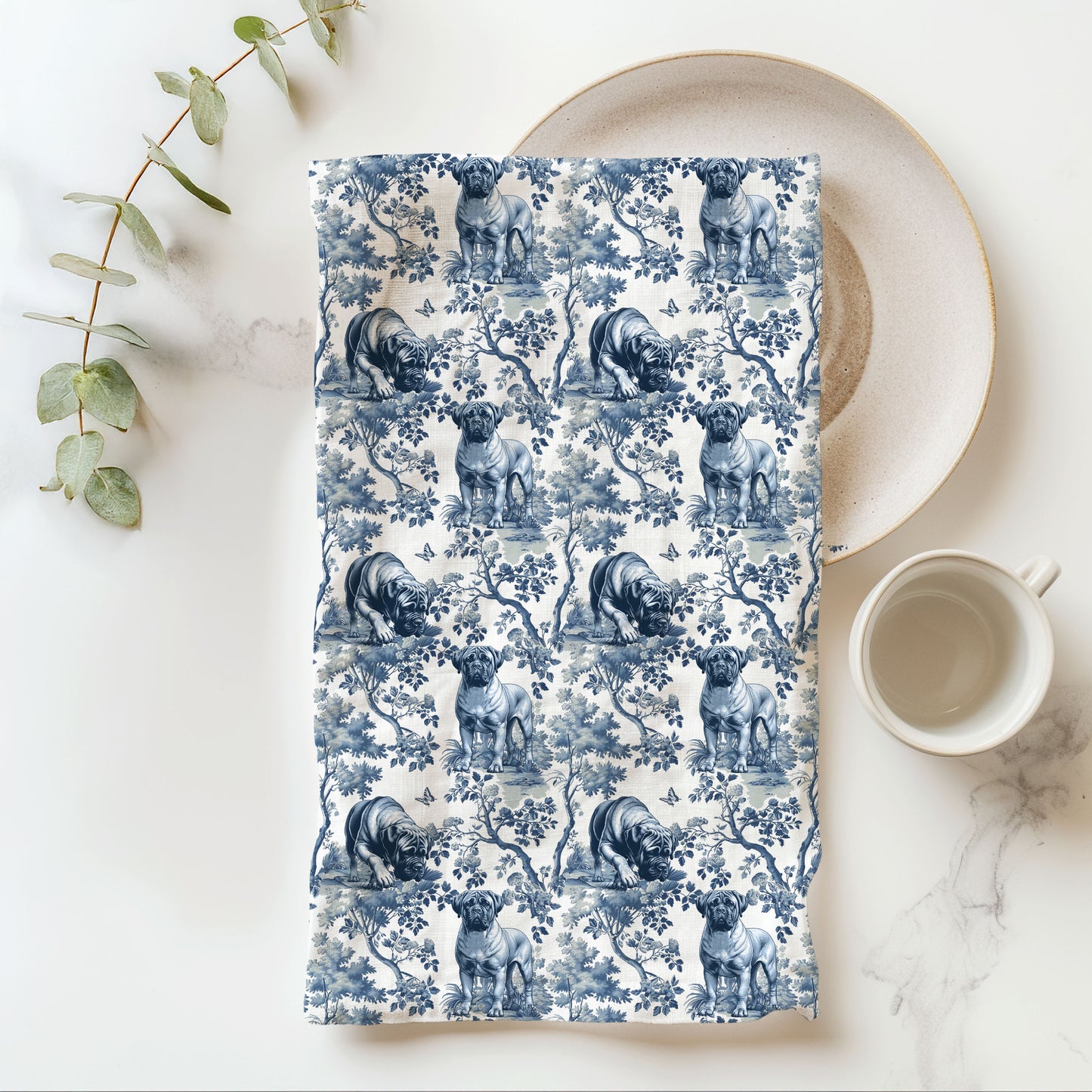 Bullmastiff Cotton Tea Towels - Toile Pattern