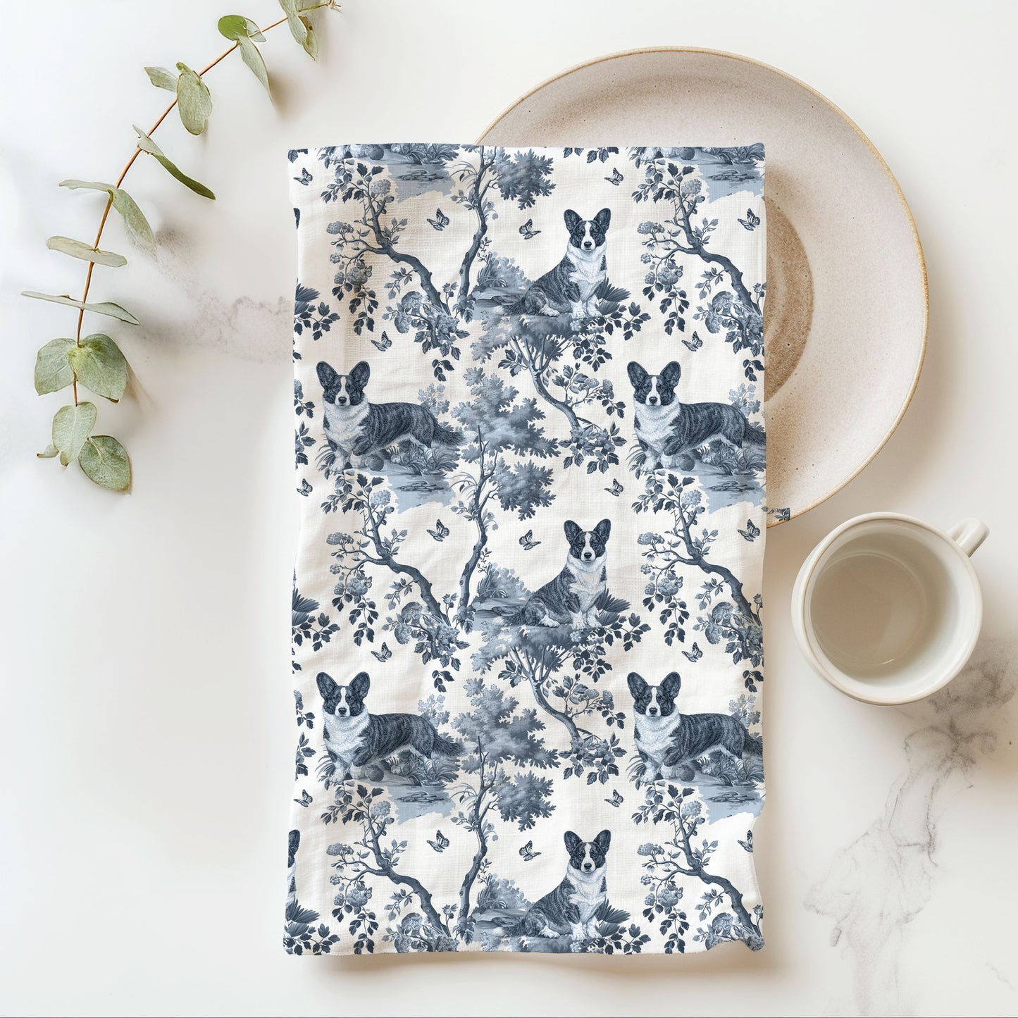 Cardigan Welsh Corgi Cotton Tea Towels - Toile Pattern