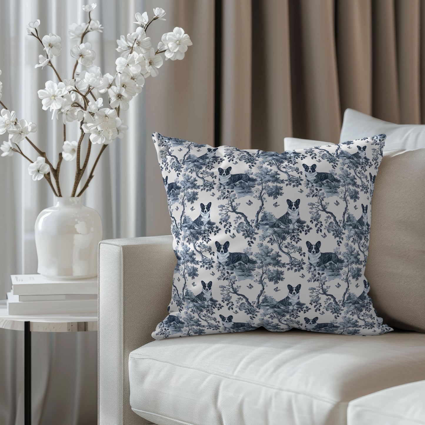 Cardigan Welsh Corgi Pillow Cover - Blue Toile Pattern