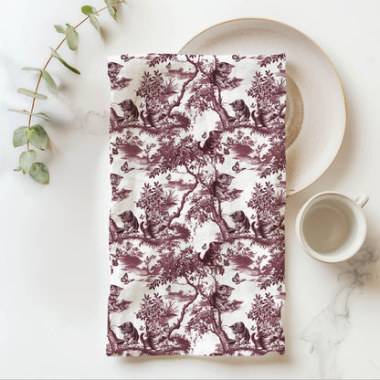Cat Cranberry Toile tea towel
