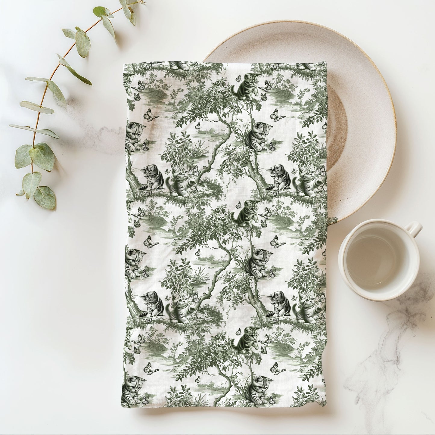 Cat Cotton Tea Towels -  Sage Green Toile Pattern