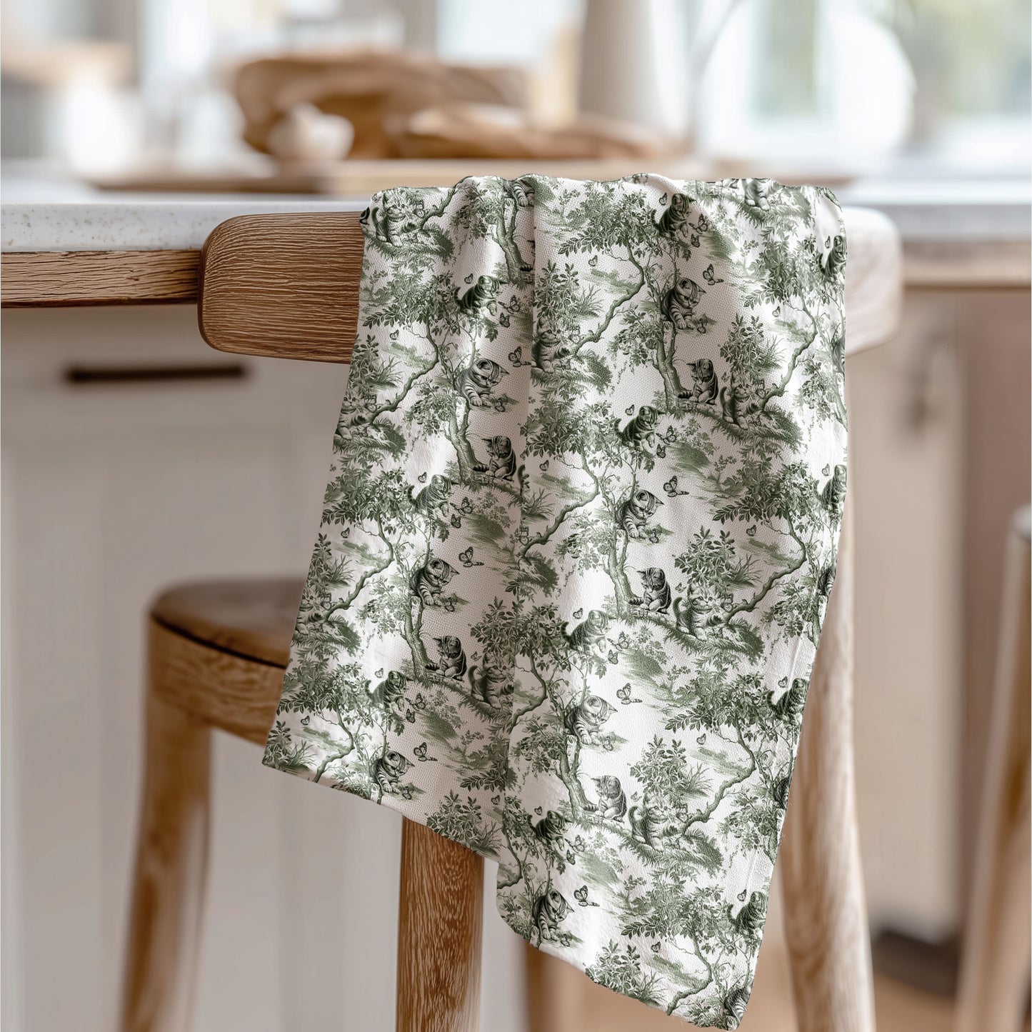 Cat Cotton Tea Towels -  Sage Green Toile Pattern