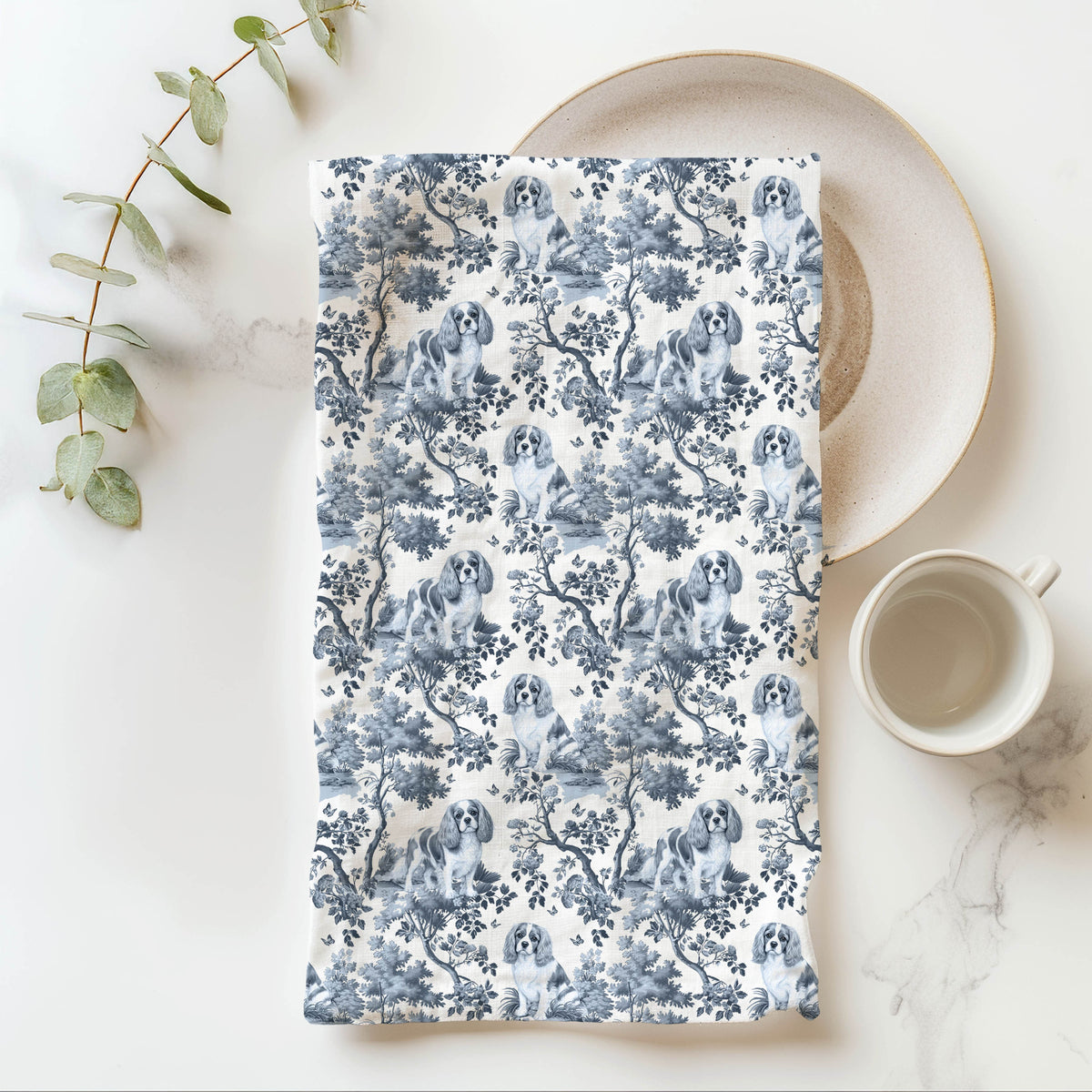 Cavalier King Charles Spaniel Blenheim Garden Toile tea towel