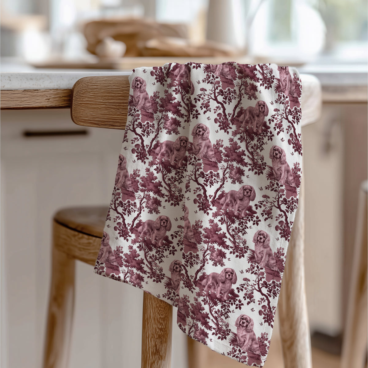 Cavalier King Charles Spaniel Ruby Tea Towel with cranberry toile design, draped over a wooden chair in a kitchen.