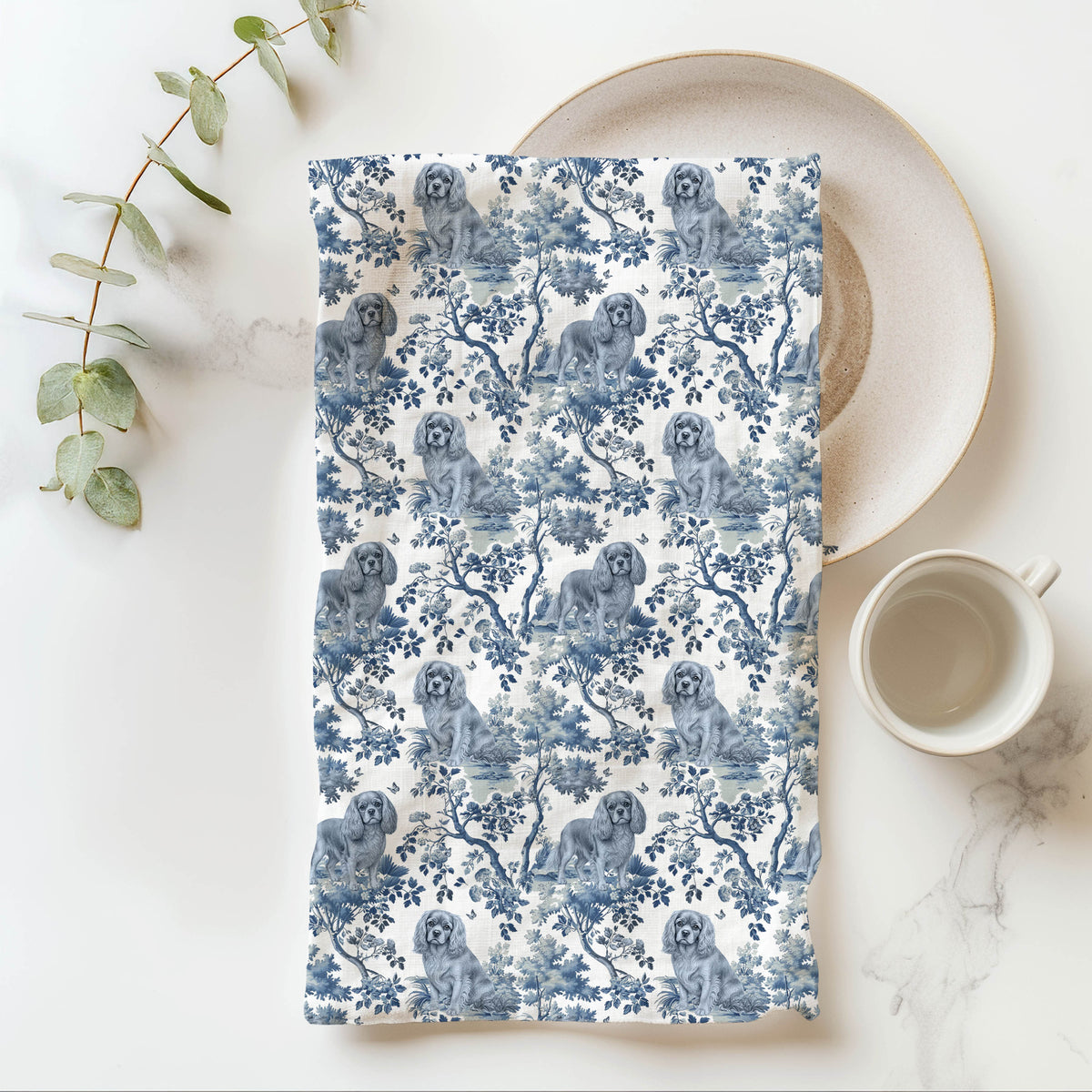 Cavalier King Charles Spaniel Ruby Garden Toile tea towel