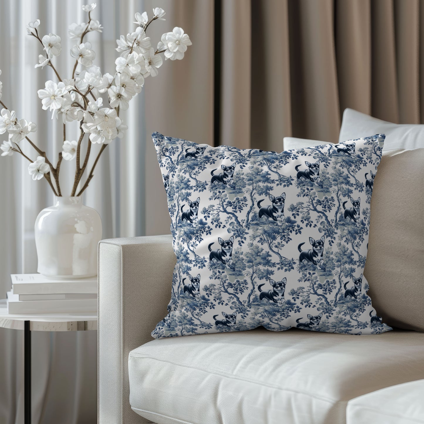 Chihuahua Pillow Cover - Blue Toile Pattern