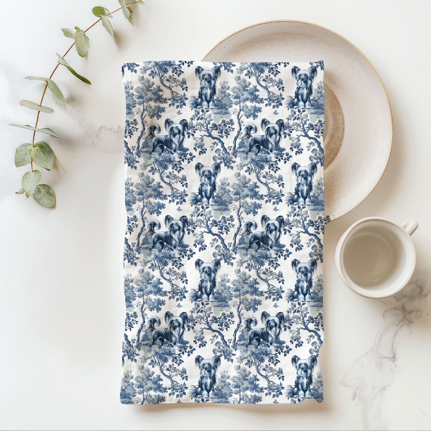 Chinese Crested Cotton Tea Towels - Toile Pattern