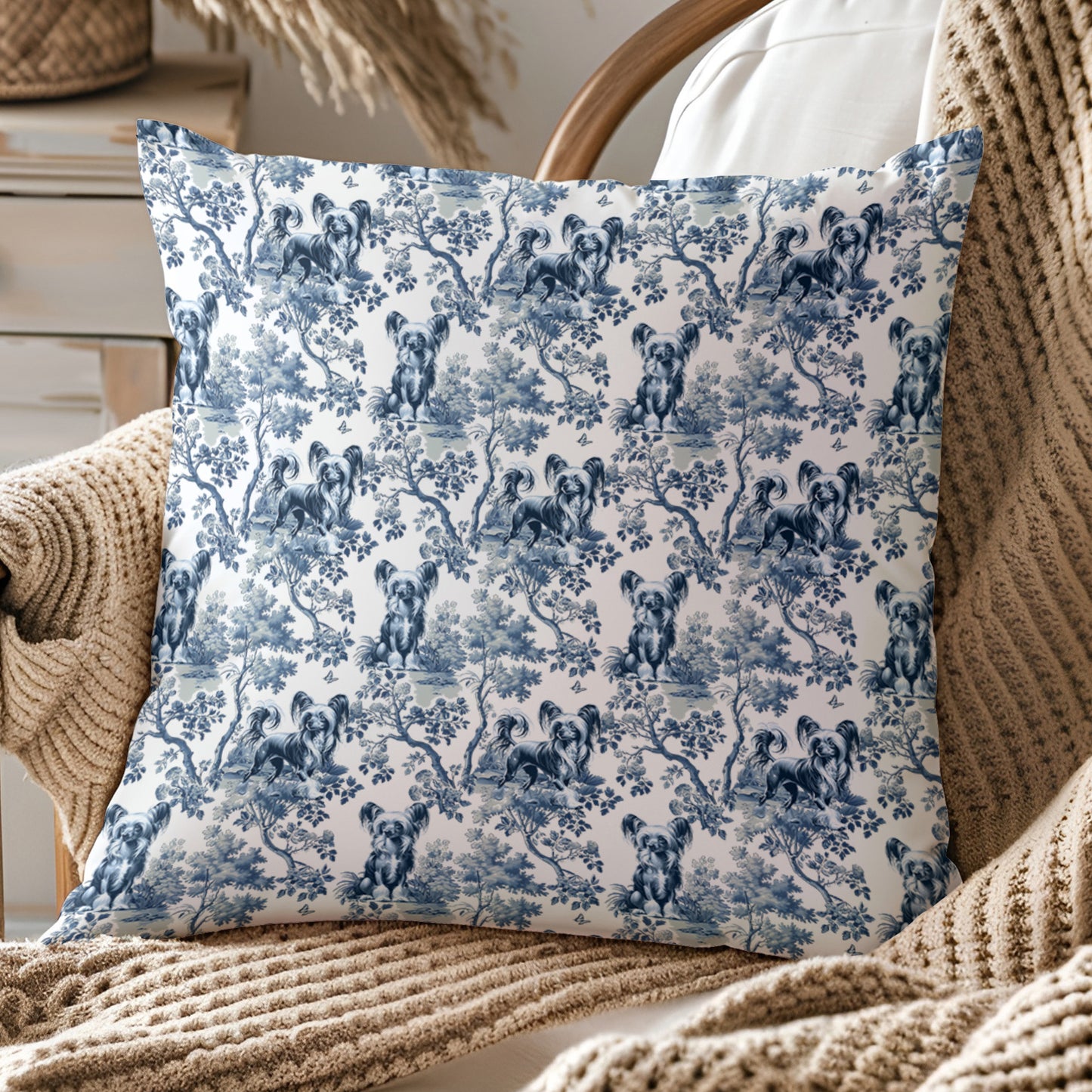Chinese Crested Pillow Cover - Blue Toile Pattern