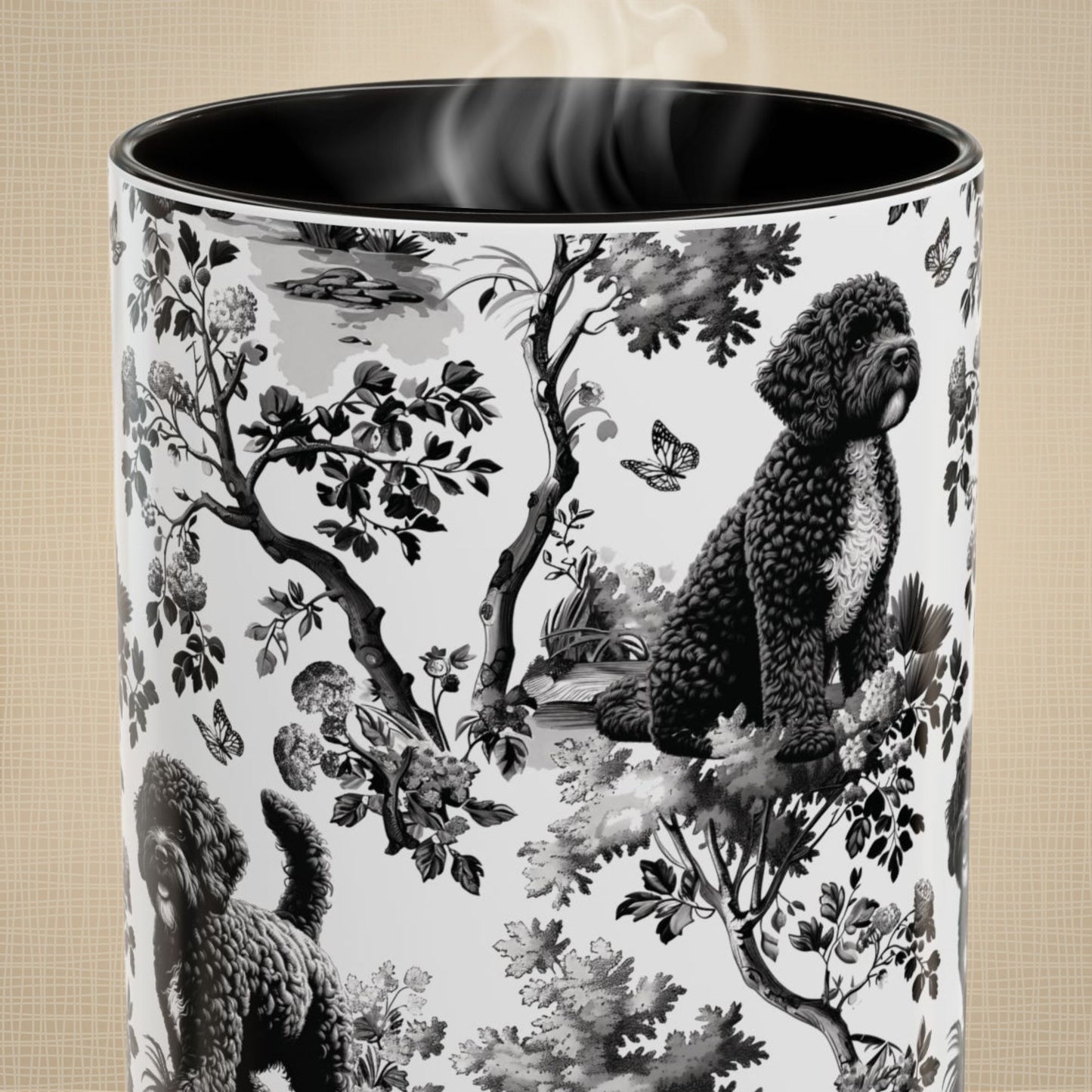 Close-up of the black toile pattern on a Portuguese Water Dog coffee mug