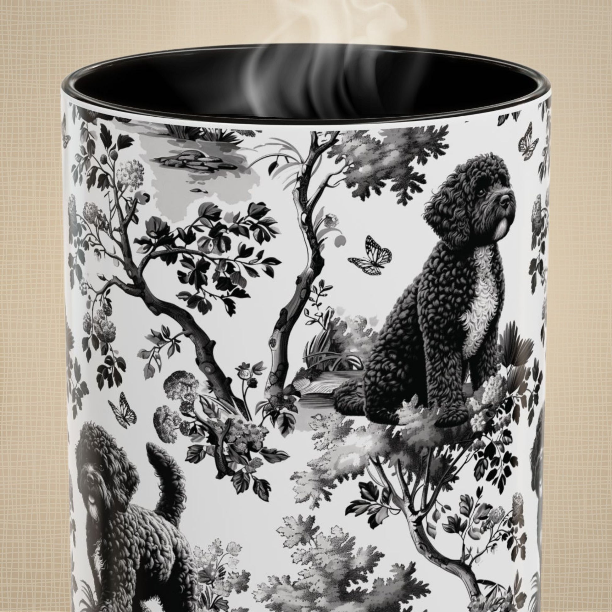 Close-up of the black toile pattern on a Portuguese Water Dog coffee mug