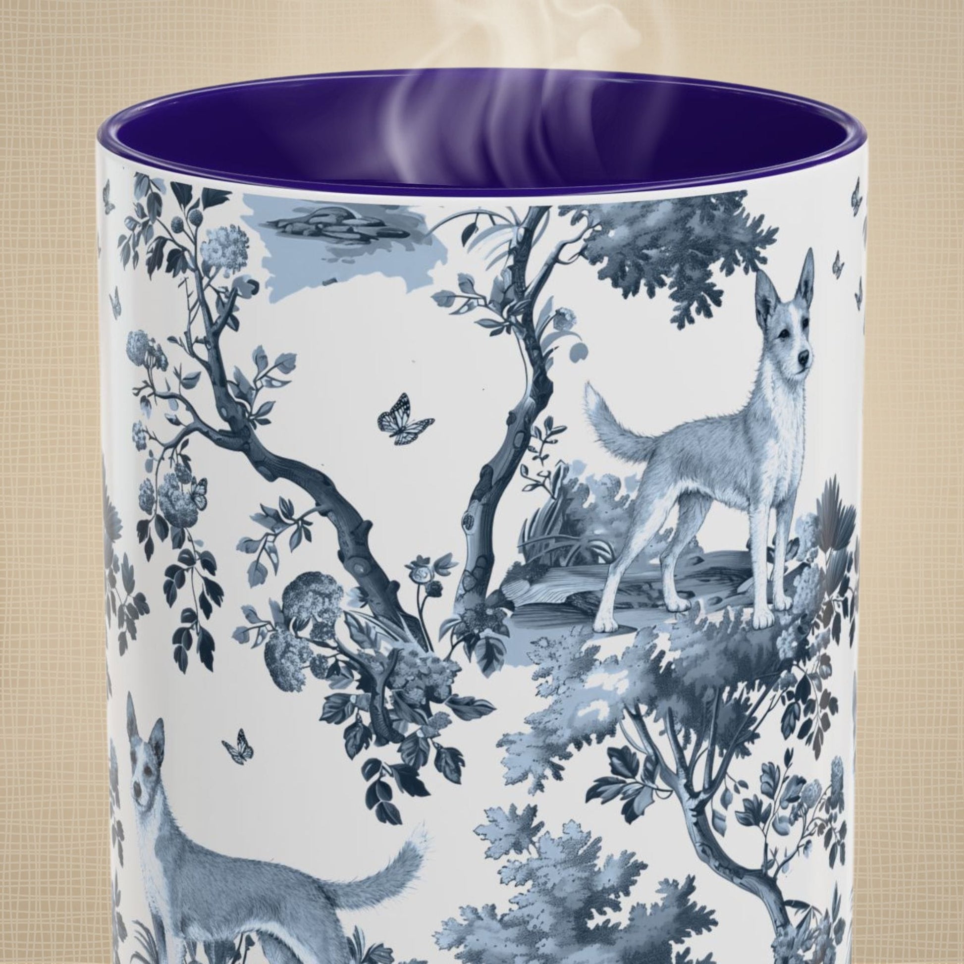 Close-up of the blue toile pattern on a Portuguese Podengo coffee mug