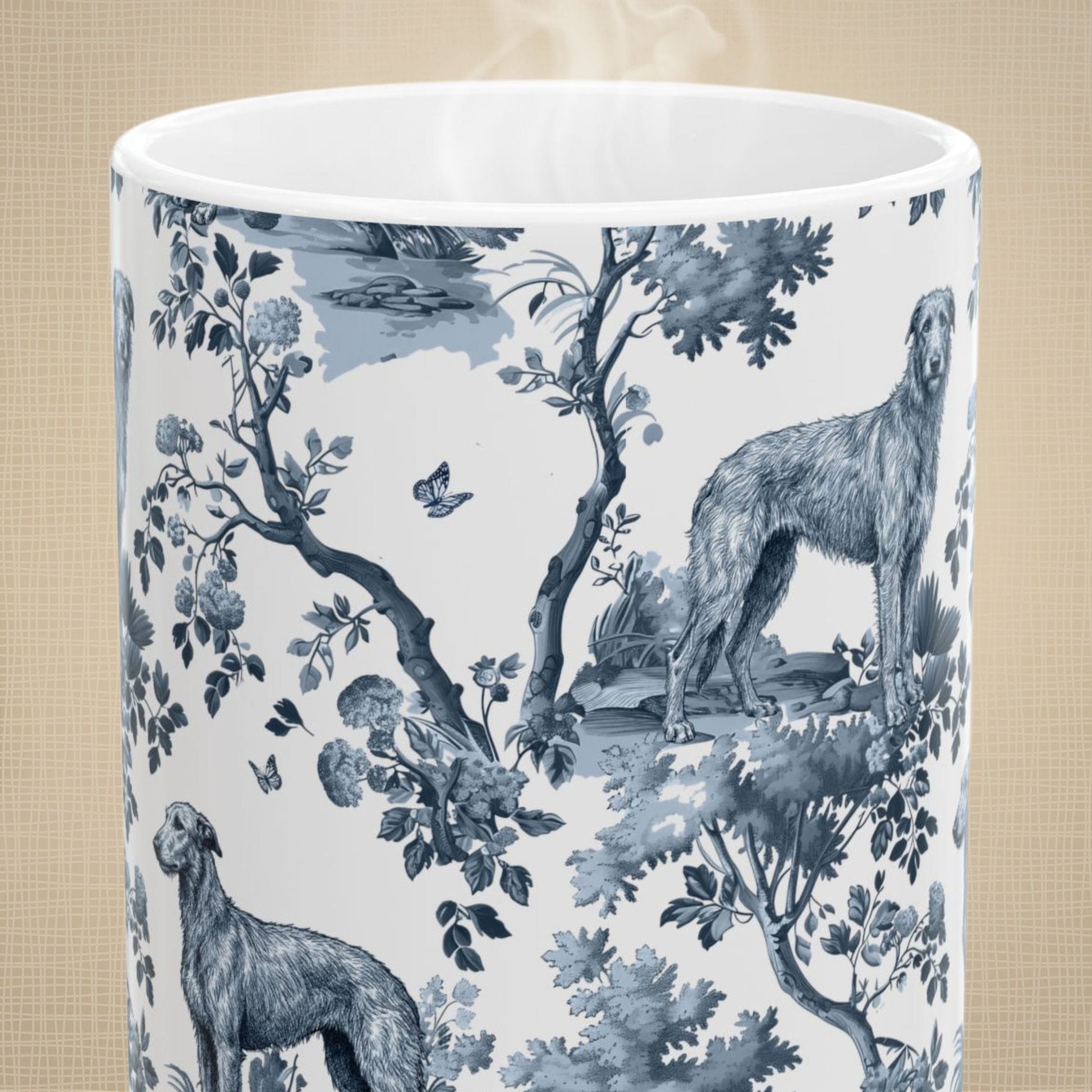 Close-up of the blue toile pattern on a Scottish Deerhound coffee mug