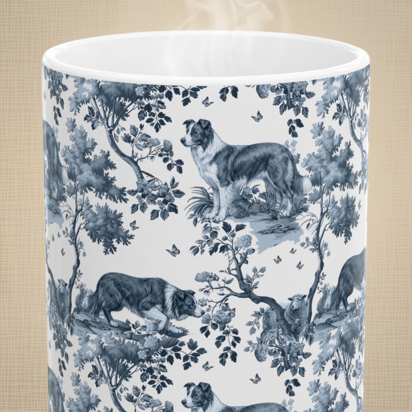 Border Collie Mug - Blue Toile Pattern