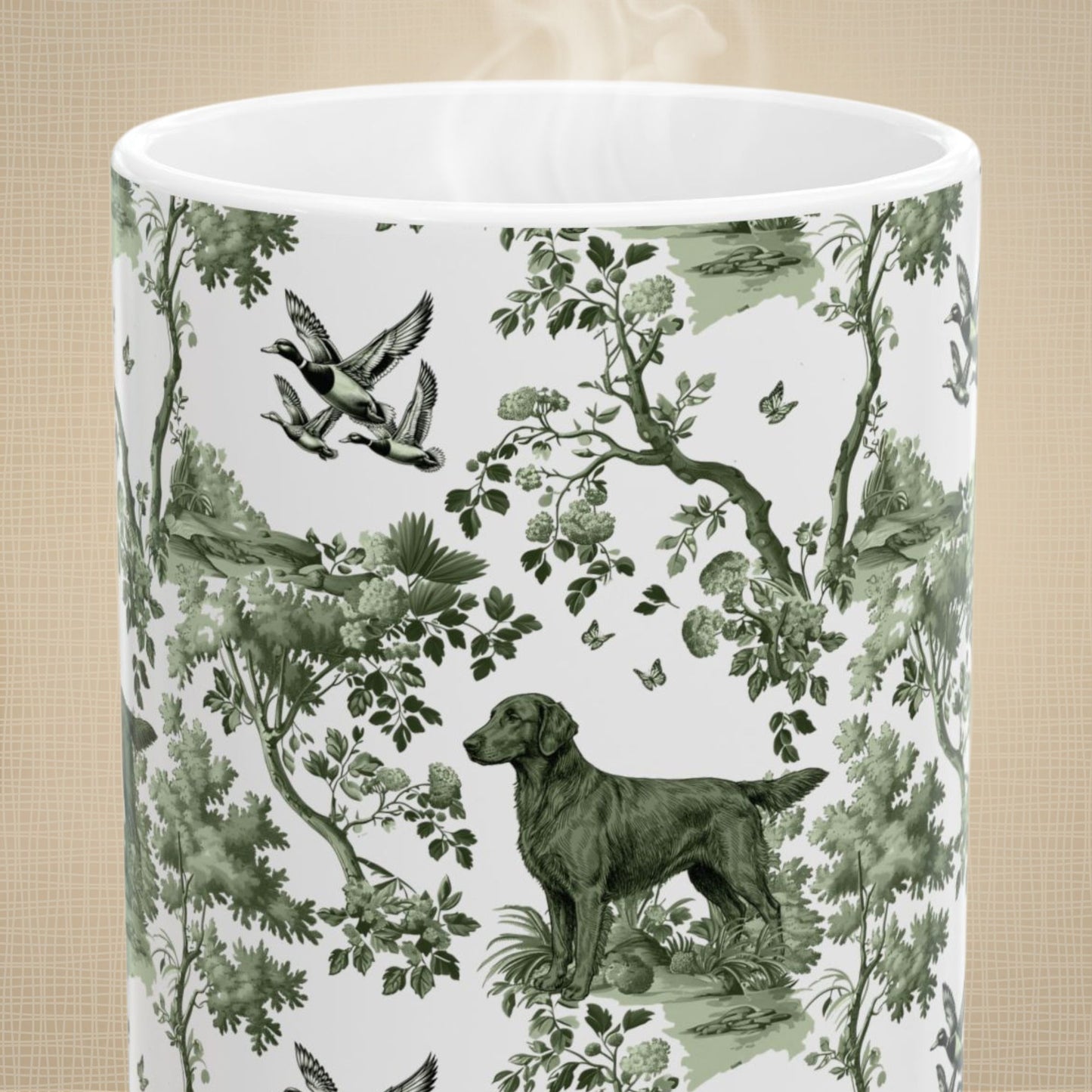 Close-up of the sage green toile pattern on a Flat-Coated Retriever coffee mug