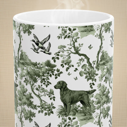 Close-up of the sage green toile pattern on a Flat-Coated Retriever coffee mug