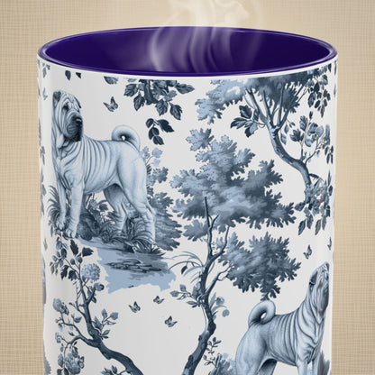 Close-up of the blue toile pattern on a Chinese Shar-Pei coffee mug