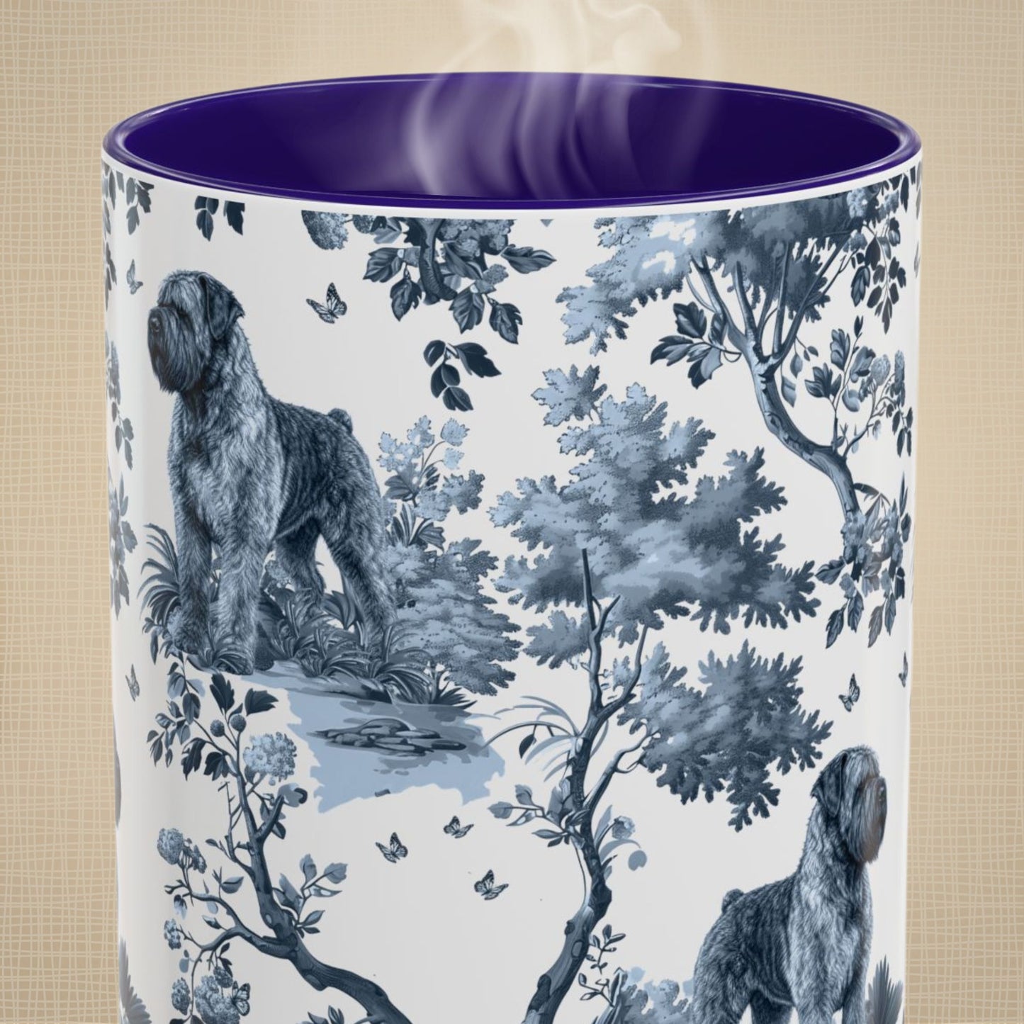 Close-up of the blue toile pattern on a Bouvier des Flandres coffee mug