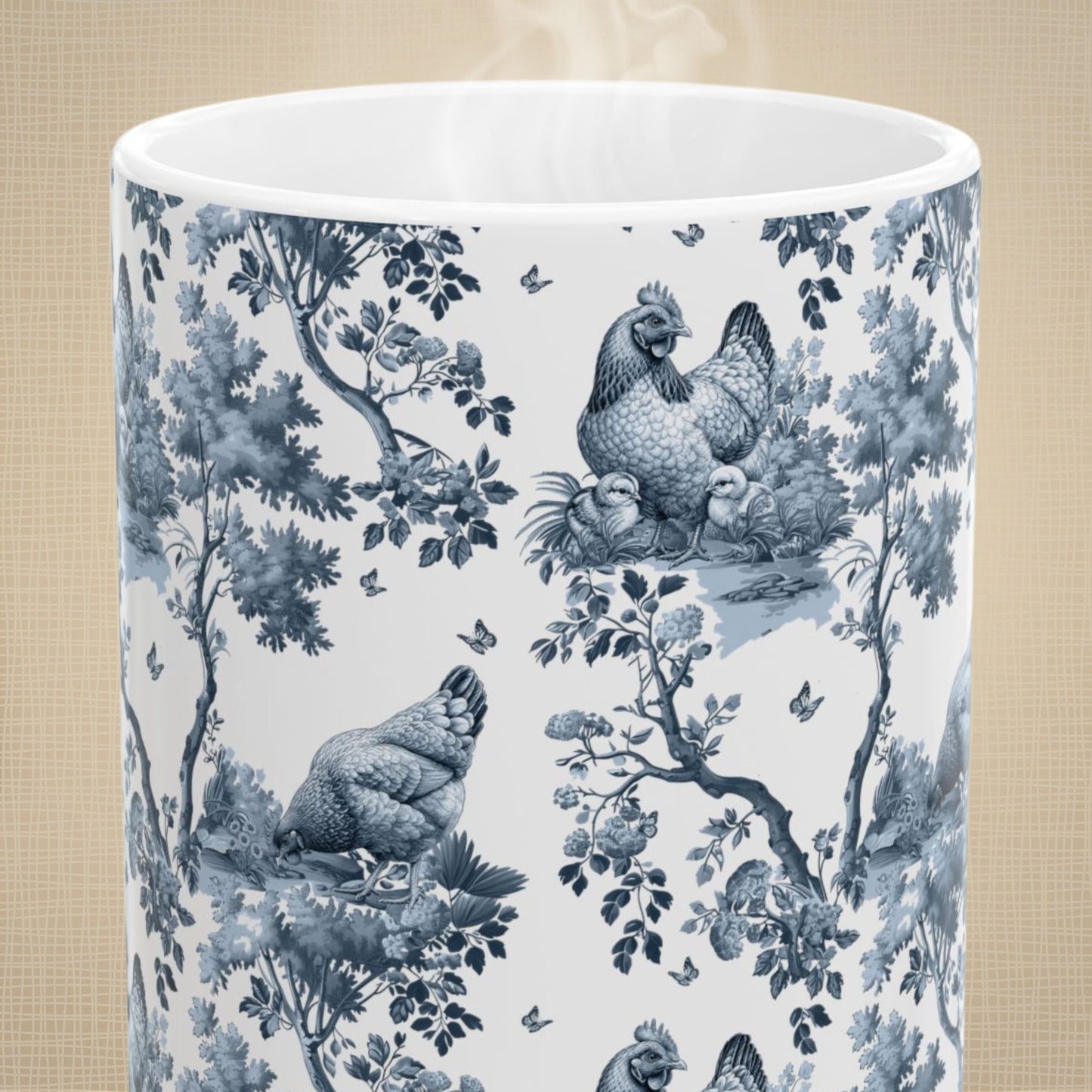 Chicken V2 Mug - Blue Toile Pattern