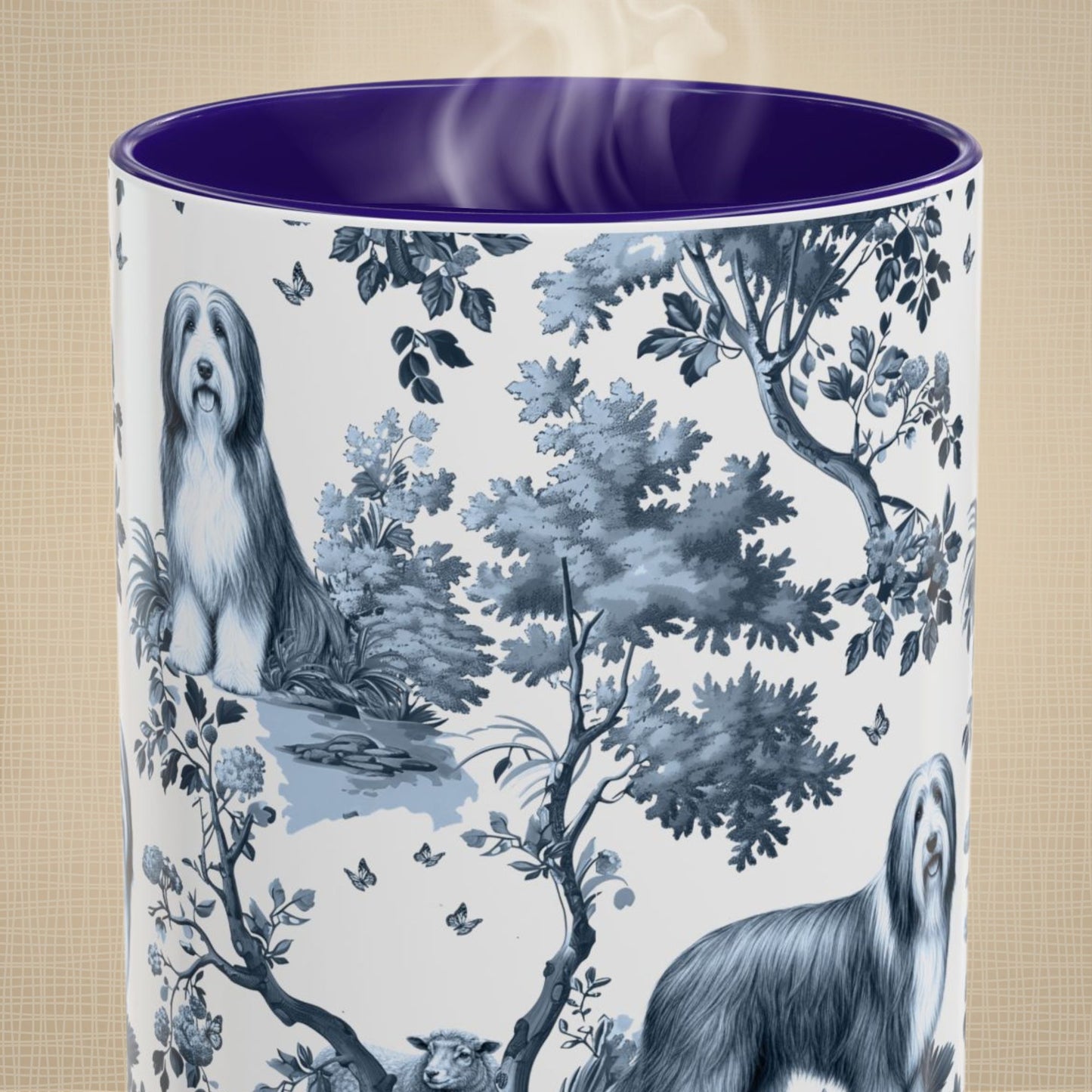 Close-up of the blue toile pattern on a Bearded Collie coffee mug