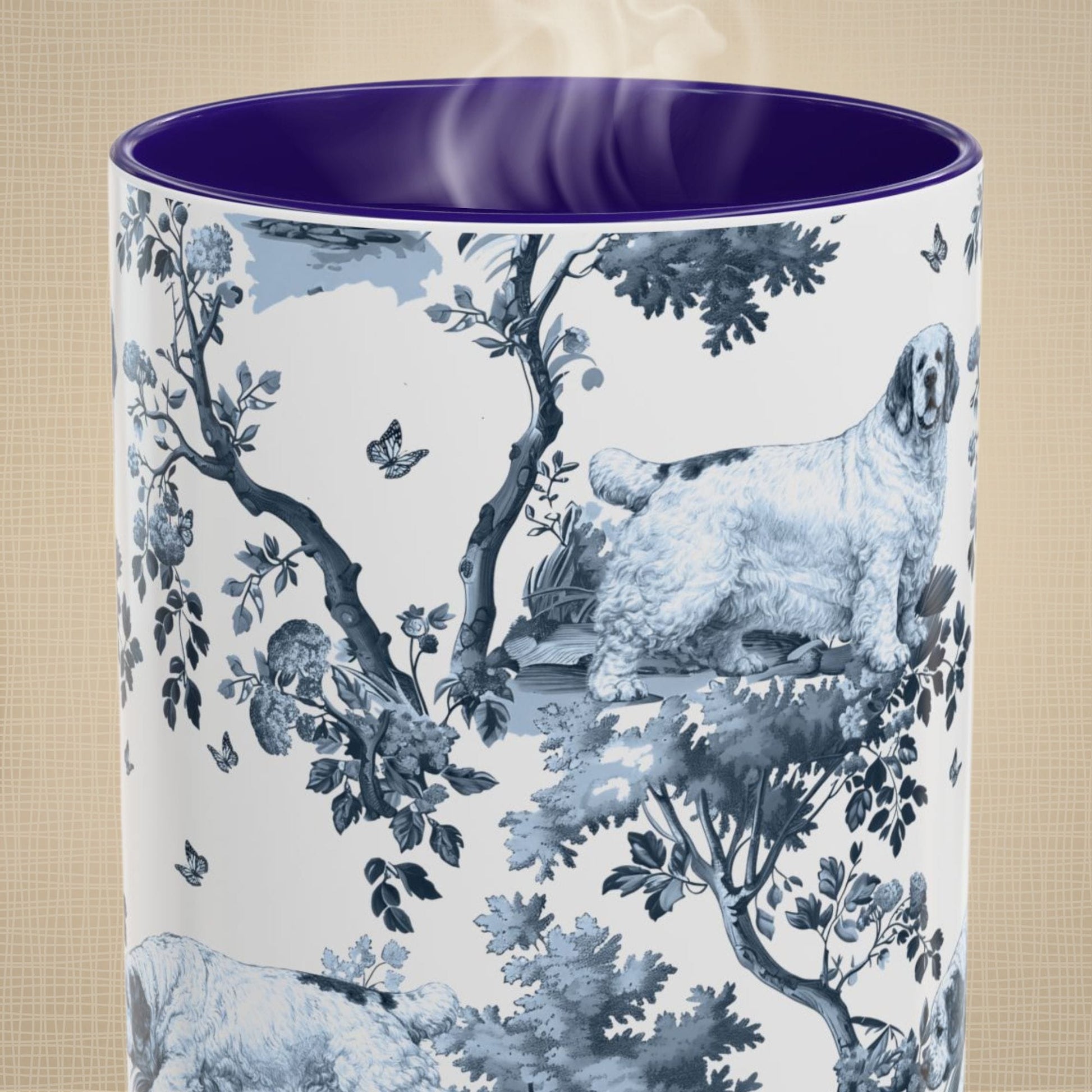 Close-up of the blue toile pattern on a Clumber Spaniel coffee mug