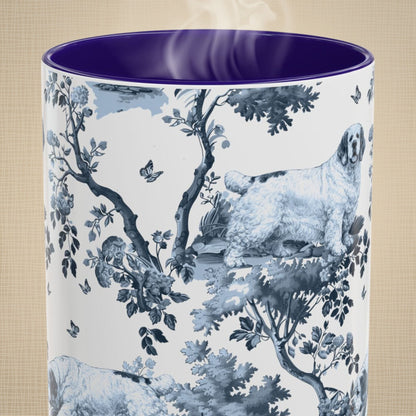 Close-up of the blue toile pattern on a Clumber Spaniel coffee mug