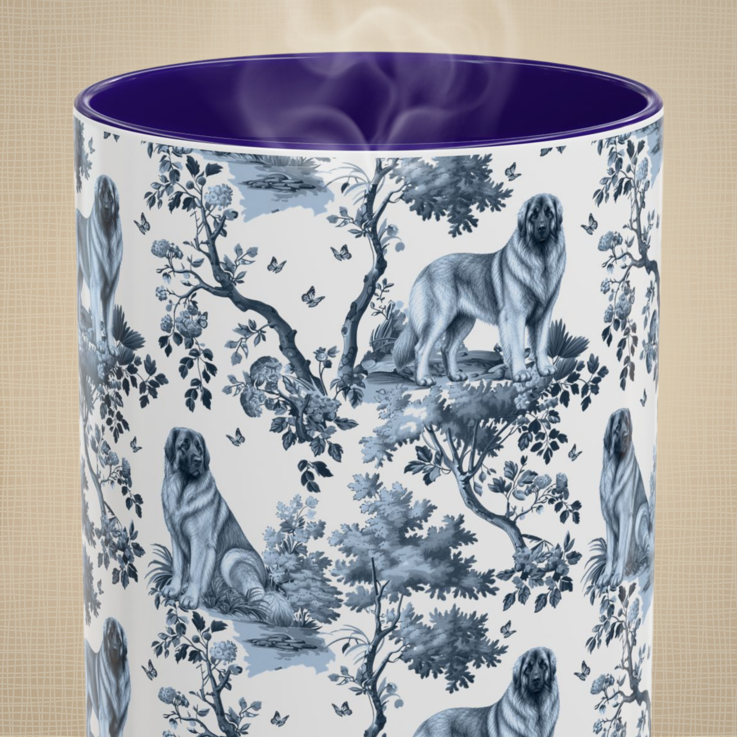 Leonberger blue toile mug design shown close up