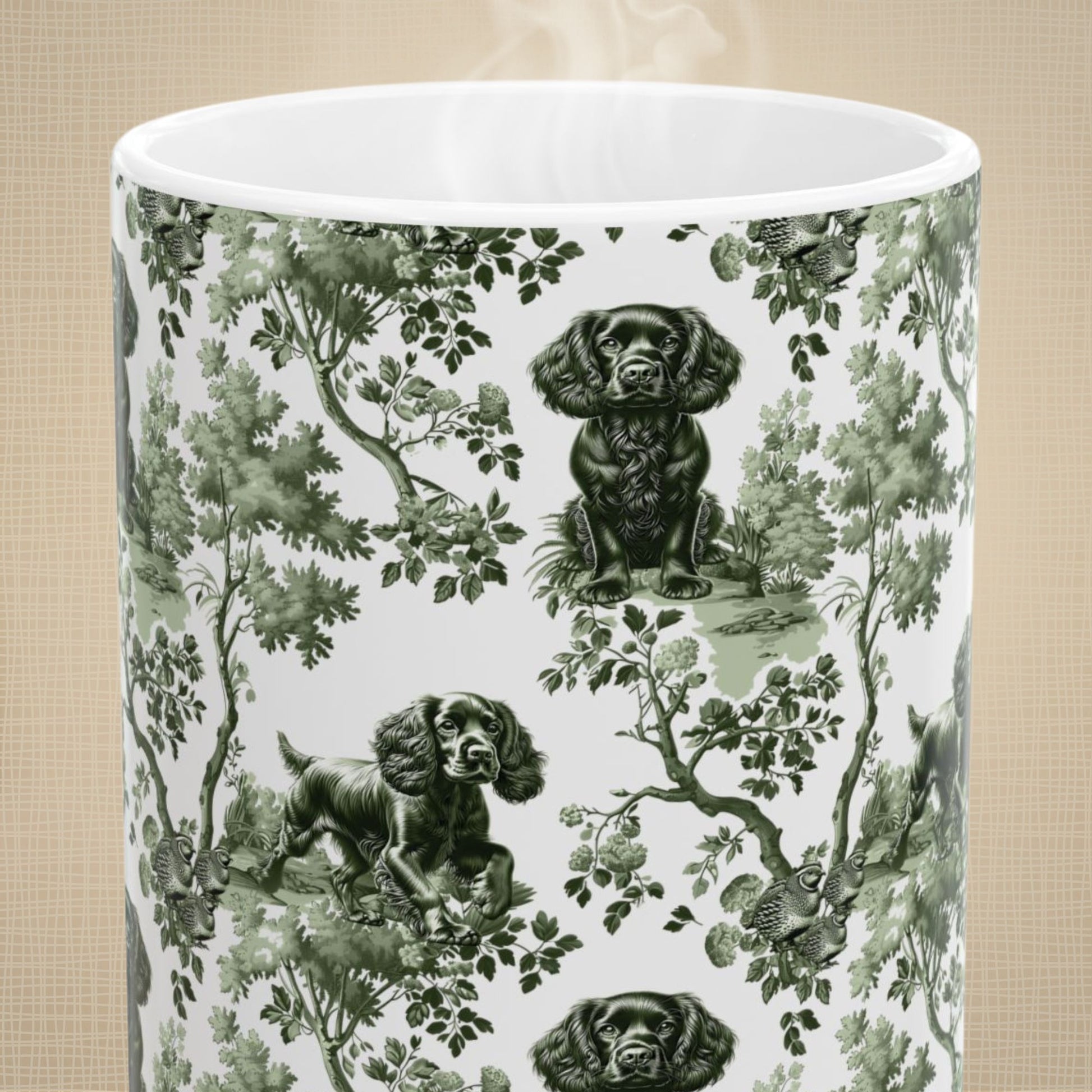 Close-up of the sage green toile pattern on a Boykin Spaniel coffee mug