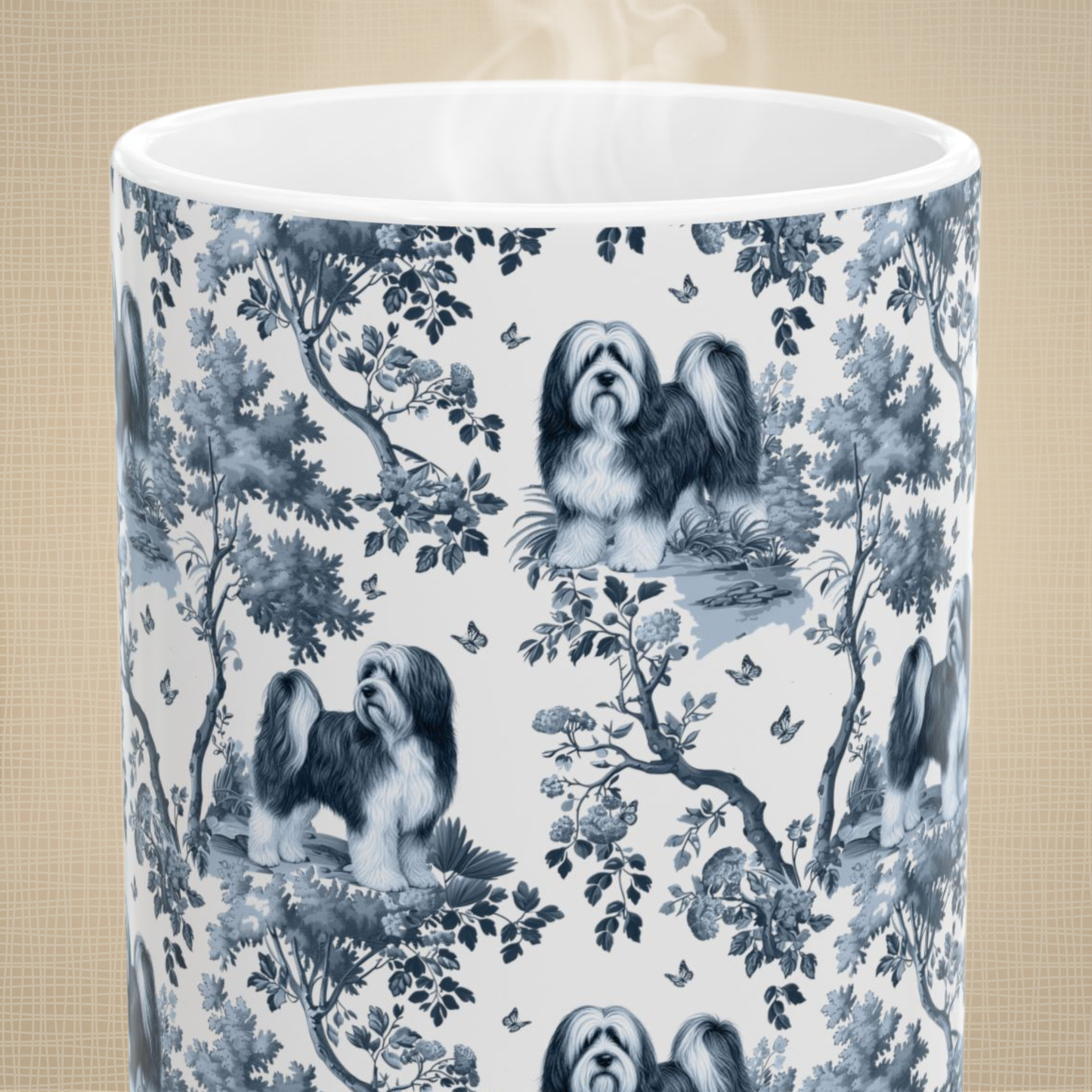 Tibetan Terrier Mug - Blue Toile Pattern