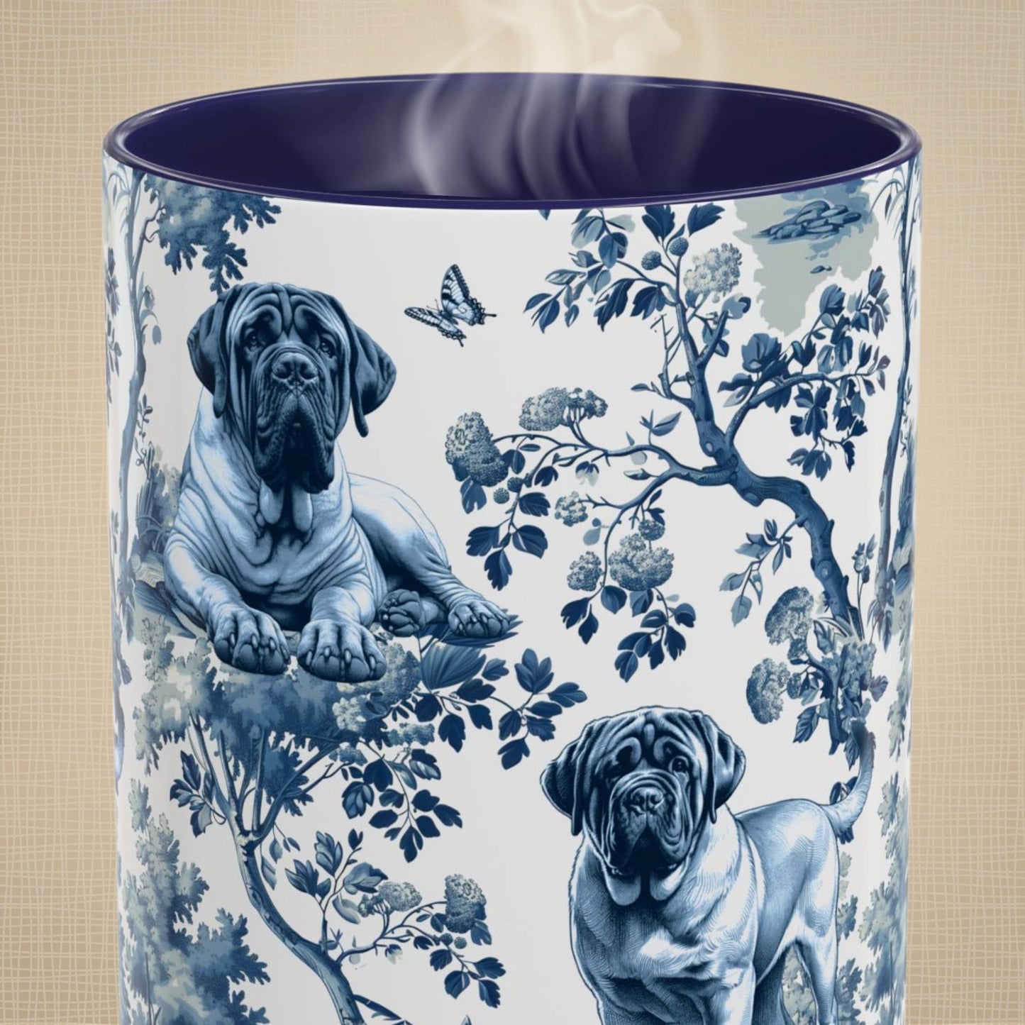 Close-up of the blue toile pattern on an English Mastiff coffee mug
