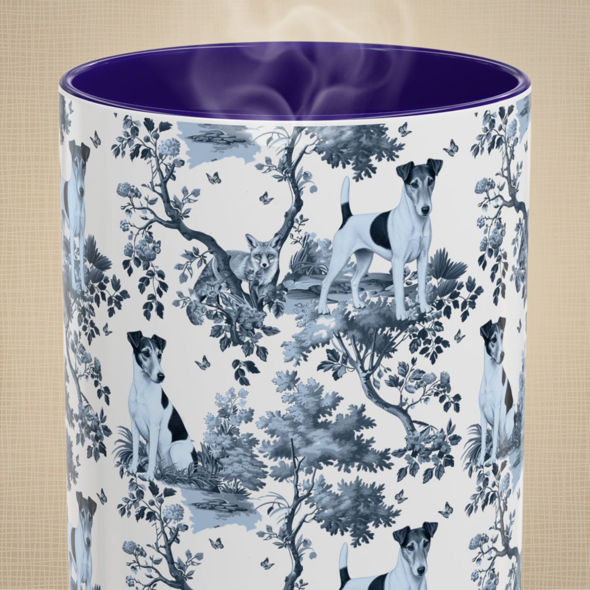 Smooth Fox Terrier blue toile mug design shown close up