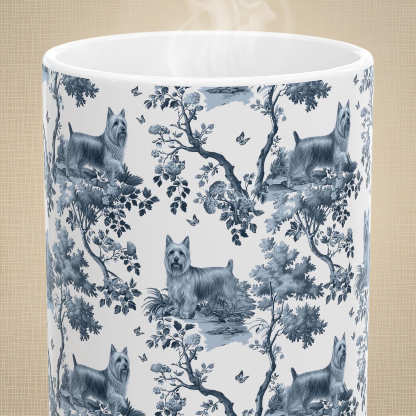 Close-up of the blue toile pattern on a Silky Terrier coffee mug
