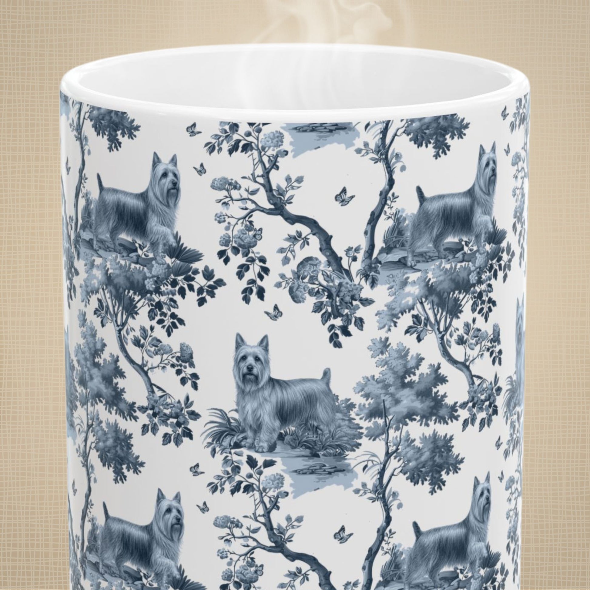 Close-up of the blue toile pattern on a Silky Terrier coffee mug