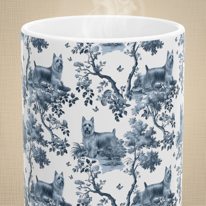 Close-up of the blue toile pattern on a Silky Terrier coffee mug